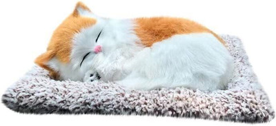 Hoodinter Dashboard Decor Sleeping Cat Big Interior Décor Soft Toy Showpiece For Car Decorative Showpiece  -  15.5 cm(Fabric, White, Brown)