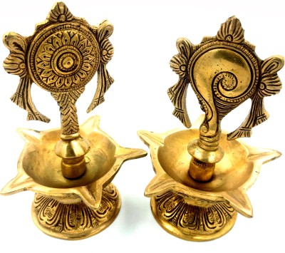 ARIHANT CRAFT Brass Shankha Chakra Villaku, Shankh and Chakra Traditional Oil Lamp for Pooja Decorative Showpiece  -  17 cm(Brass, Yellow, Gold)