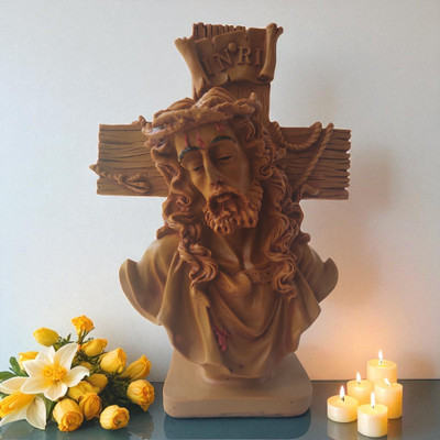 Anantamitra Jesus Christ Idol with Cross | Christian Prayer Room Showpiece Decorative Showpiece  -  20.5 cm(Resin, Brown)