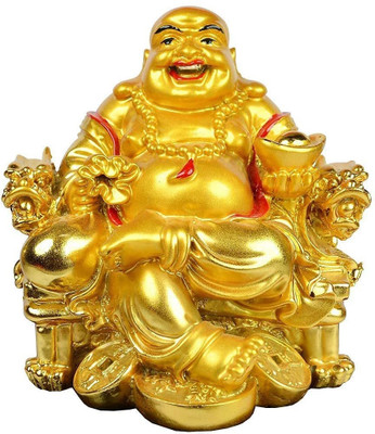 REVASHREE CRAFT WORLD Feng Shui Laughing Buddha Sitting On Chair Ingot, Sitting with Money Coin Statue for Attracting Money Wealth Prosperity for Good Luck & Happiness (7 cm, Gold) Decorative Showpiece  -  7 cm(Polyresin, Gold)