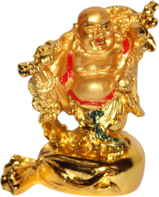 Anantamitra Feng Shui Laughing Buddha Golden Figurine on Coins for Good Luck & Wealth Decorative Showpiece  -  7.8 cm(Polyresin, Gold)