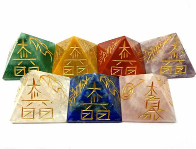 EXCEL 7 Chakra Pyramid Crystal Set,Chakra Symbol Gold Engraved Chinese Symbol Engraved 7 Chakra Pyramid Decorative Showpiece  -  2.8 cm(Crystal, Multicolor)