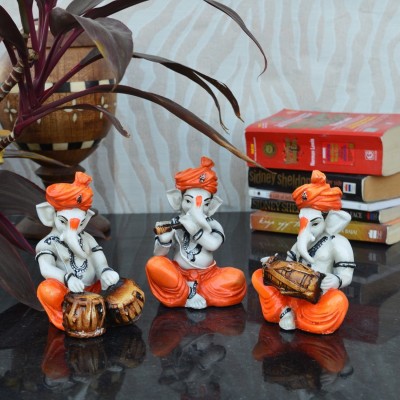 eCraftIndia Set Of 3 Ganesha Playing Musical Instruments Decorative Showpiece  -  12.7 cm(Polyresin, White, Orange)