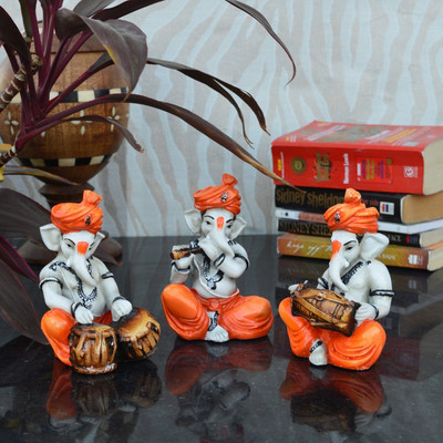 eCraftIndia Set Of 3 Ganesha Playing Musical Instruments Decorative Showpiece  -  12.7 cm(Polyresin, White, Orange)