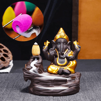 CRAFTWELL LORD GANESHA SMOKE STATUE WITH 30 PCS FRAGRANCE CONE FREE Decorative Showpiece  -  8 cm(Resin, Gold)