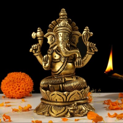 Banshi Handicrafts and Arts 12CM Brass Ganesh Statue on Lotus, Temple Decor Ganesha Statue Decorative Showpiece  -  12 cm(Brass, Yellow)