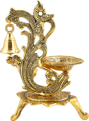 RUHVANA Golden Double Bell Diya with Stand Auspicious Décor Decorative Showpiece  -  18 cm(Aluminium, Gold)