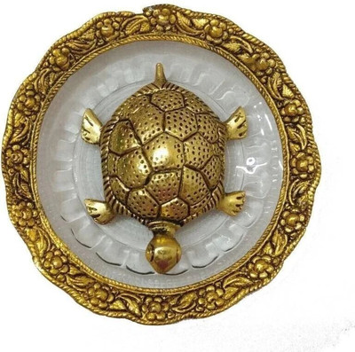 kashi Golden Metal Tortoise on Glass Plate For Good Luck Feng shui Gift Item Decorative Showpiece  -  15 cm(Brass, Gold)