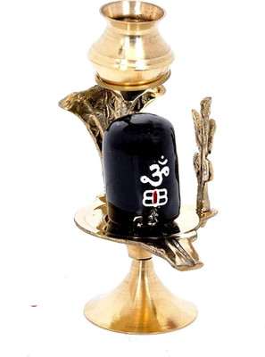 FOBHIYA Black Shiva Lingam & Brass Abhishek Patra with Trishul and Nag for Pooja Room | Shivling Showpiece Statue | Car Dashboard Murti (Brass Argha Stand with Kalash for Shivling) Decorative Showpiece  -  12 cm(Brass, Gold, Black)