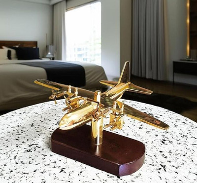 NestoriaLiving Brass Airplane Model Stand Decor for Desk & Table Decorative Showpiece  -  9 cm(Brass, Gold)