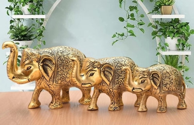 LABHCART Trunk up Elephant Statues Set of 3 - Showpiece Metal Statue Lucky Figurine Decorative Showpiece  -  14 cm(Metal, Gold)