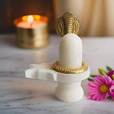 salvusappsolutions Marble Shivling with Brass Snake - Symbols of Worship (Golden & White_3x4 Inch) Decorative Showpiece  -  10 cm(Marble, Brass, Gold, White)