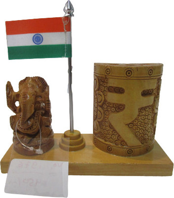 BRASS BLESSING 1 Compartments Indian NATIONAL FLAG with Lord GANESHA PEN STAND - Wooden (1976) Pen Stand(Multicolor)
