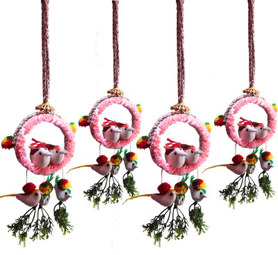 The Shine Store Artificial Flora Jute Balcony Hanging Bird Nest for Home Wall Garden Decor Combo Decorative Showpiece  -  32 cm(Jute, Plastic, Pink)