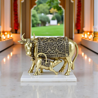 ATISHIV Handicrafts Golden Plated Kamdhenu Cow with Calf Idol Decorative Showpiece  -  5.08 cm(Brass, Copper)