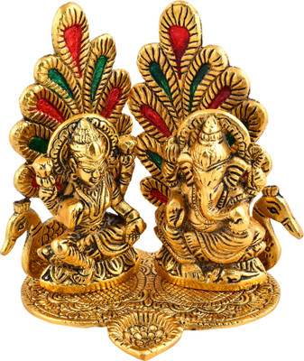 RUHVANA Laxmi Ganesh Idol with Peacock Design (Golden Finish, Hand-Painted) Decorative Showpiece  -  14 cm(Aluminium, Gold)