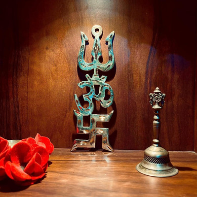 amishi blissful decor Swastik Om Trishul Vastu Trishakti Yantra Home Office Main Door Entrance Decor Decorative Showpiece  -  16 cm(Brass, Gold)