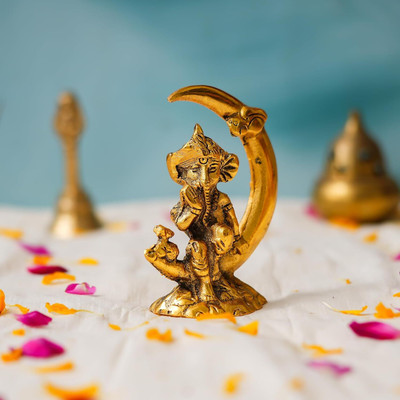 WEBELKART Premium Gold Plated Metal Lord Ganesha Idol Sitting On Moon for Home and Puja Decorative Showpiece  -  11 cm(Aluminium, Gold)