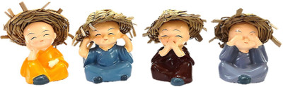 AFTERSTITCH Cute set of 4 monks with hat Decorative Showpiece  -  7 cm(Polyresin, Multicolor)