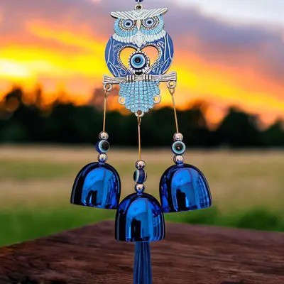 Divine Creations 3 Bell Evil Eye Wind Chime with Owl Design - Unique Hanging Ornament for Home Decorative Showpiece  -  25 cm(Metal, Blue)