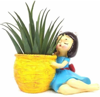welno international Resin Handmade Cute Dreaming Girl with Basket Designed Flower Pots without Plant Decorative Showpiece  -  10.16 cm(Polyresin, Multicolor)