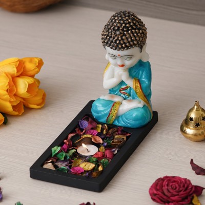 eCraftIndia Blue, Gold & Black Polyresin Praying Monk Showpiece with Rectangle Wooden Base Decorative Showpiece  -  13 cm(Polyresin, Black)