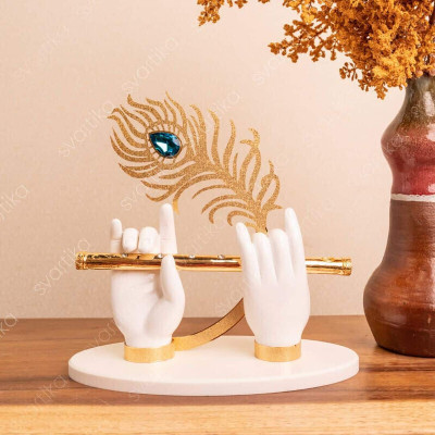 INTERNATIONAL GIFT White & Gold Plated Krishna Hands Idol With Flute | Peacock Feather | For Gift Decorative Showpiece  -  10 cm(Brass, Gold)