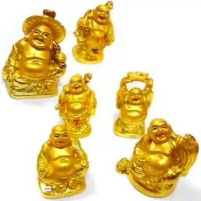 welno international Feng Shui Happy Man/Laughing Buddha 6 different Poses Set Figurine Golden Statue Decorative Showpiece  -  5 cm(Resin, Gold)