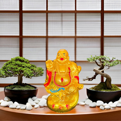 salvusappsolutions Marble Dust Feng Shui Golden Laughing Buddha for Good Luck & Gift (3.5 inch) Decorative Showpiece  -  8 cm(Marble, Gold)