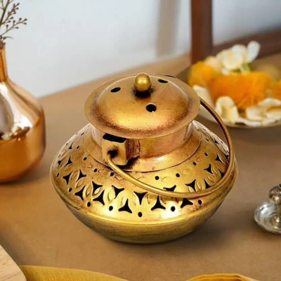 Bhavya Art and Craft Home Décor Brass Incense Holder | Degchi Pot Dhoop Dani | Home Decorative Showpiece  -  12 cm(Brass, Gold)
