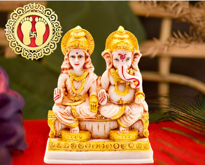 Kitlyn Laxmi Ganesh Statue Diwali Pooja | Maa Lakshmi ji Charan Decorative Showpiece  -  12 cm(Marble, Beige)