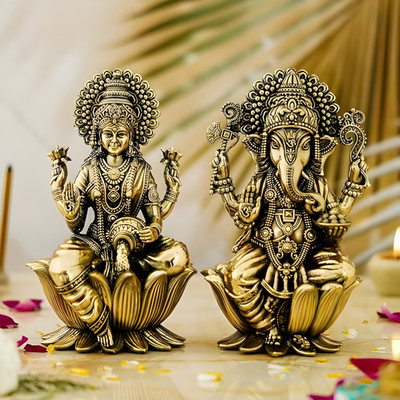 DHANVANTARI Pure Brass Laxmi Ganesh Idol Pair (4 Inch) – Divine Sitting on Lotus Decorative Showpiece  -  12 cm(Brass, Gold)