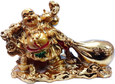 AFTERSTITCH 1 laughing buddha with potli Decorative Showpiece  -  10 cm(Polyresin, Gold)