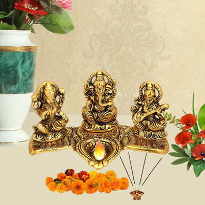 Kitlyn Divya Shakti Laxmi Ganesh Saraswati (Deepak Oil lamp), Golden Decorative Showpiece  -  9.5 cm(Brass, Gold)