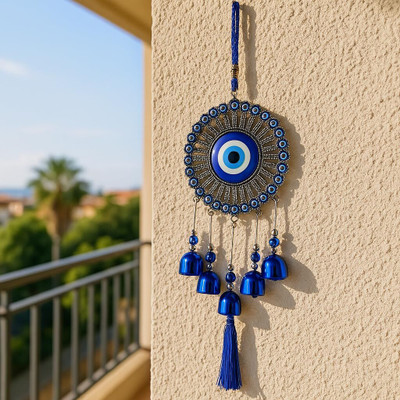 sculpmart Evil Eye Wind Chime with 5 Bells,Tassel(Latkan) & 31 Small Evil Eyes For Hanging Decorative Showpiece  -  35 cm(Metal, Steel)