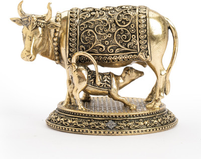 IndianArtVilla Golden Brass Kamdhenu Cow with Calf 1.5 Inch For Spritiual & Pooja Decorative Showpiece  -  4.57 cm(Brass, Gold)