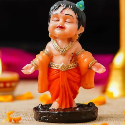 SR JAANVI COLLECTION Handcrafted Bal Krishna Idol for Car Dashboard, Home Decor Decorative Showpiece  -  10 cm(Resin, Orange)