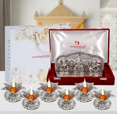 INTERNATIONAL GIFT Silver Plated Laxmi Ganesh Saraswati Idol Murti With 6 Jyot | Box & Bag Decorative Showpiece  -  14 cm(Aluminium, Silver)