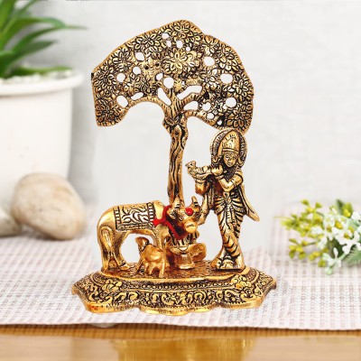 Kitlyn Brass Krishna Idol with Cow Standing Under Kadamba Tree Idol for Home Decor,Gift Decorative Showpiece  -  15 cm(Brass, Gold)