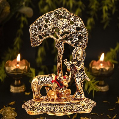 NOKTUS Metal Krishna Idol Statue Sculpture - Lord Krishna Standing Under Tree Decorative Showpiece  -  15 cm(Metal, Gold)