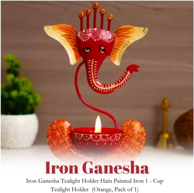MH Kraft Handcraft Lord Ganesh T Light Holder Gifts Multicolor Pack of 1 11 Inch Decorative Showpiece  -  26 cm(Metal, Orange, Red)