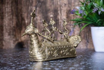 SHILPOGRAM Dhokra Craft Brass Metal Peacock Designed Sailing Boat for Home Decor Decorative Showpiece  -  14 cm(Brass, Gold)
