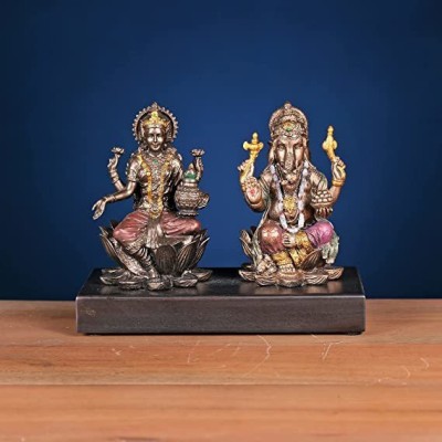 Ekaa Handicrafts Cold Cast Bronze Ganesh Laxmi Pair Showpiece Sculpture for Home Decoration Decorative Showpiece  -  10 cm(Bronze, Multicolor)