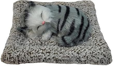 Craftology Sleeping Cat Animal Fur Soft Toys with Sound for Car Dashboard Cat & Office Desk Decorative Showpiece  -  8.9 cm(Feather, Grey)