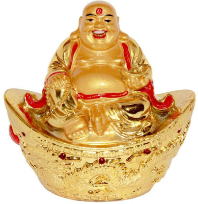 Nitin Collection laughing buddha on ingot Decorative Showpiece  -  12 cm(Polyresin, Multicolor)