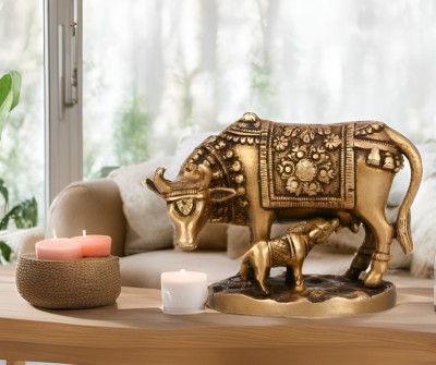 Purpledip Antique Brass Kamdhenu Cow and Calf (10014) Decorative Showpiece  -  10 cm(Brass, Brown)