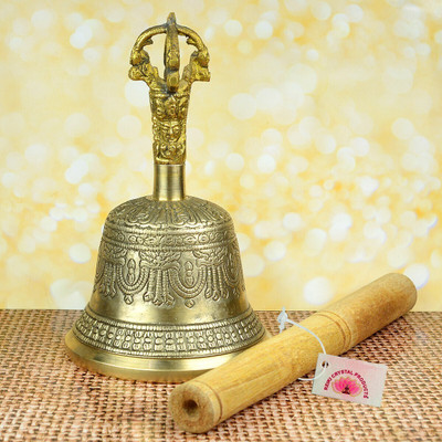 CRYSTU Vastu/Feng Shui Spiritual Brass Tibetan Singing Bell or Buddhist Meditation Bell Decorative Showpiece  -  15 cm(Brass, Brown)