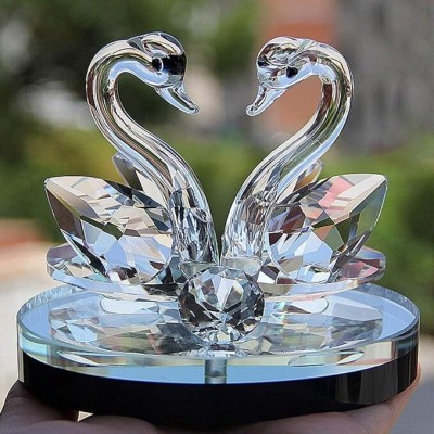 Hiki Ziki Crystal Double Swan Swinging Crystal Glass Figurine for Vastu Remedy Pair Swan Decorative Showpiece  -  12 cm(Crystal, Clear)