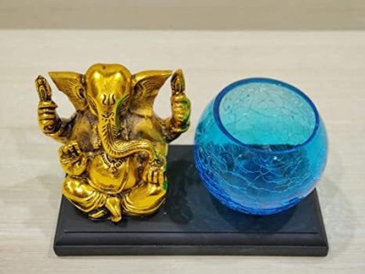 DecorHouse Gold Plated Metal Ganesha On Wooden Stand with Designer Glass Tealight Holder Decorative Showpiece  -  10.16 cm(Metal, Glass, Wood, Gold, Black, Blue)