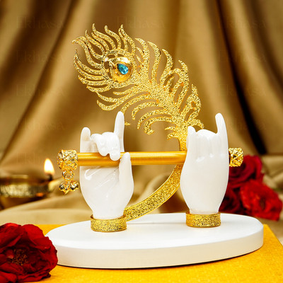 Ekhasa Lord Krishna Hands with Flute Idol | Krishna Statue for Car Dashboard | Decorative Showpiece  -  10 cm(Resin, Gold, White)